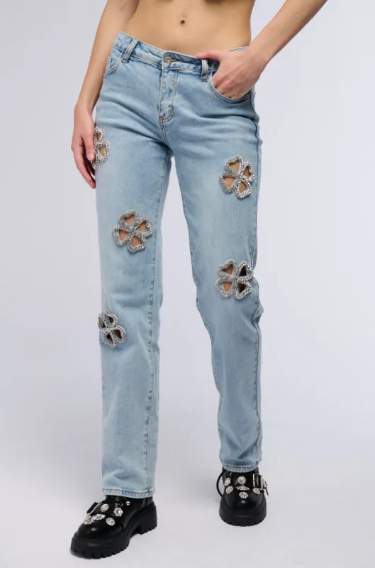 DIVINE FEMININE ENERGY RHINESTONE DETAIL JEANS sold by AKIRA