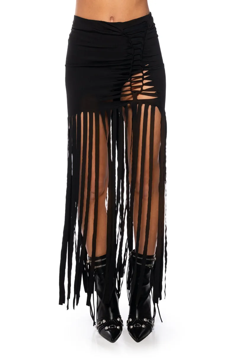 WILD THOUGHTS FRINGED MAXI CUTOUT SKIRT sold by AKIRA product image thumbnail 4