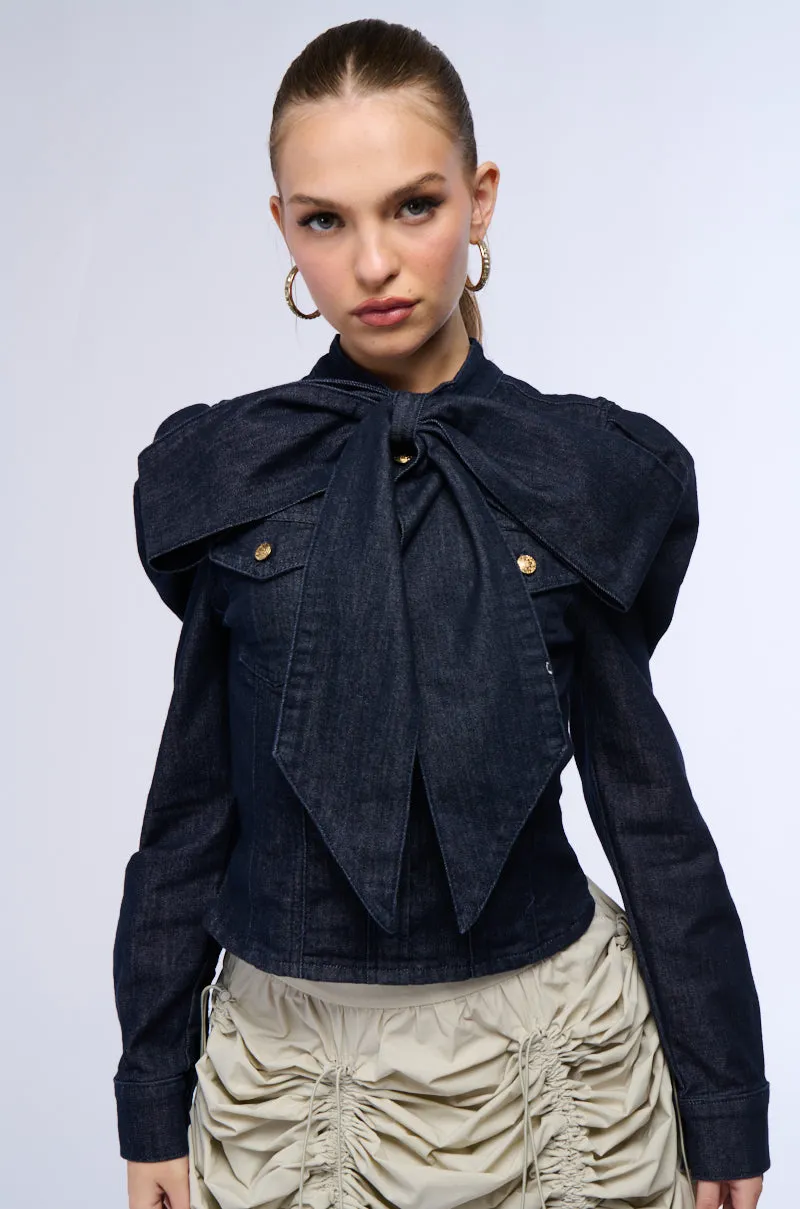 WAIT FOR U DENIM BOW BLOUSE sold by AKIRA