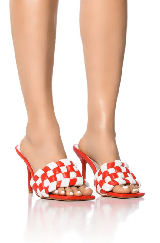AZALEA WANG SIGRID RED AND WHITE CHECKER BOARD STILETTO SANDAL made by AKIRA