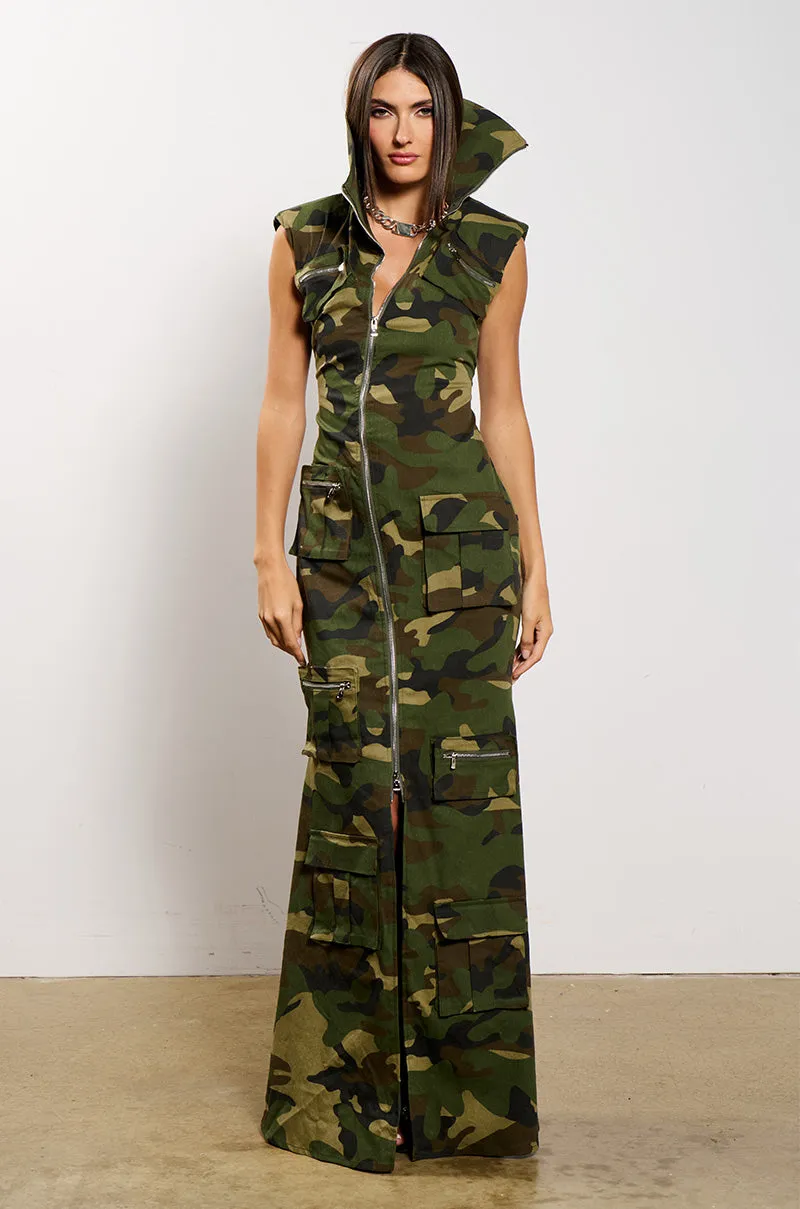 NOW YOU SEE ME CAMO PRINT MAXI DRESS sold by AKIRA
