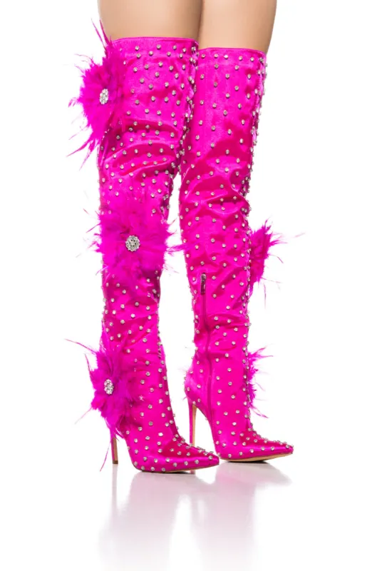 AZALEA WANG TARYN FUCHSIA SATIN FEATHER FLOWER BOOT sold by AKIRA