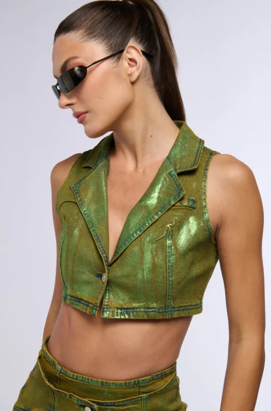 SHES GLOWING METALLIC DENIM HALTER TOP sold by AKIRA