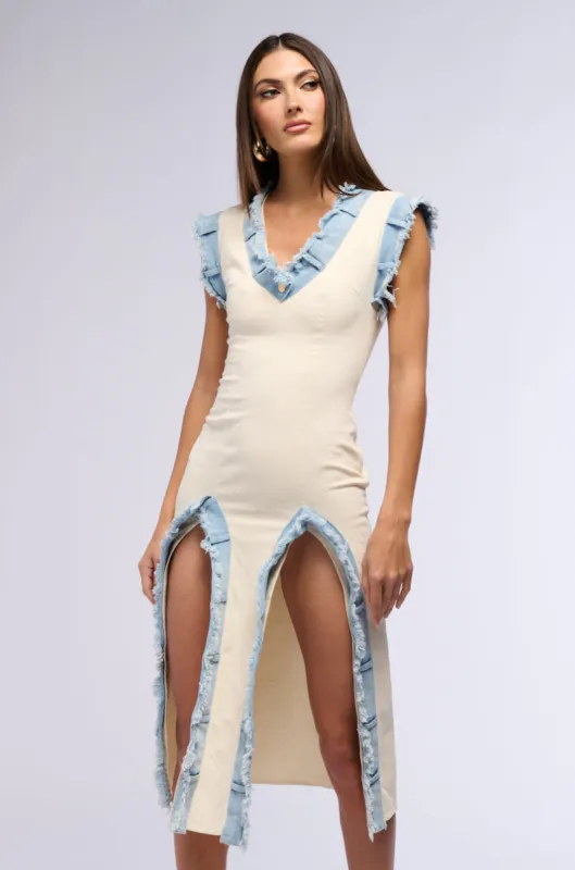 DIONNE DENIM TRIM MIDI DRESS sold by AKIRA