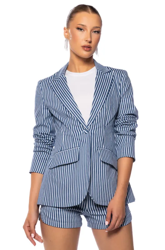 HANSEL PIN STRIPE FITTED BLAZER sold by AKIRA