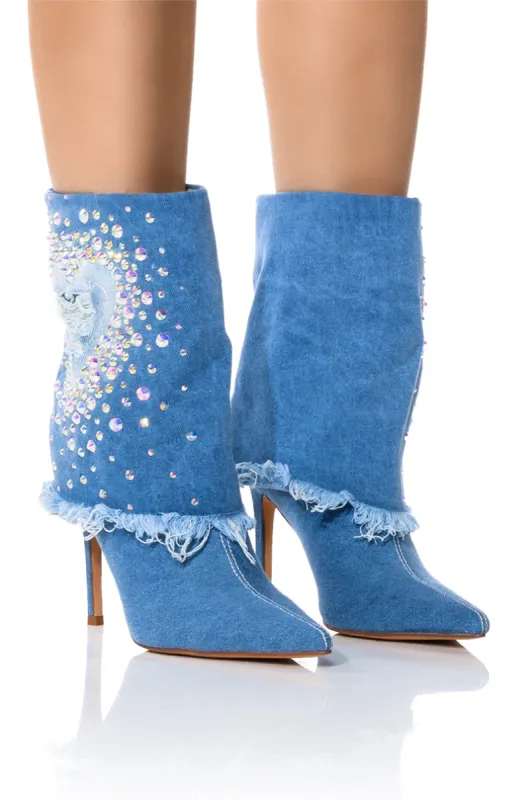 AZALEA WANG ESMERALDA EMBELLISHED BOOTIE IN DENIM sold by AKIRA