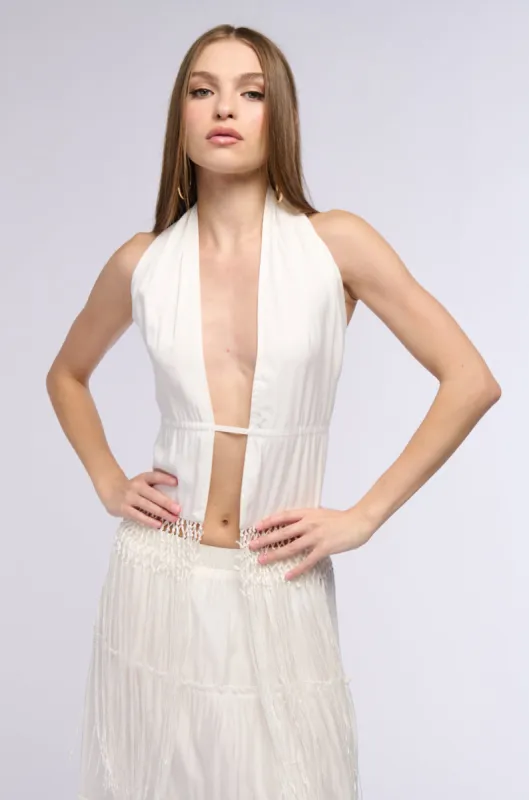 THE BEST PART HALTER TOP WITH FRINGE DETAILS sold by AKIRA