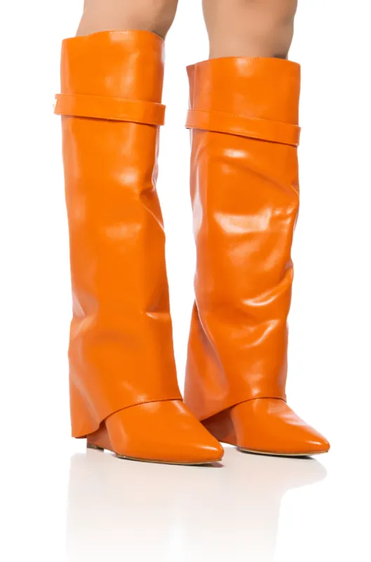 AZALEA WANG STUCK ON YOU WEDGE BOOT IN ORANGE sold by AKIRA