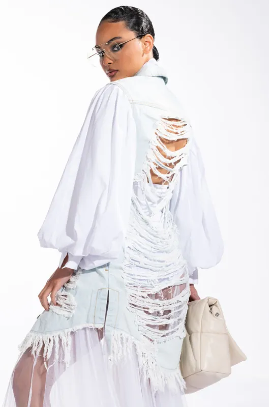 ABBIE DISTRESSED DENIM VEST sold by AKIRA