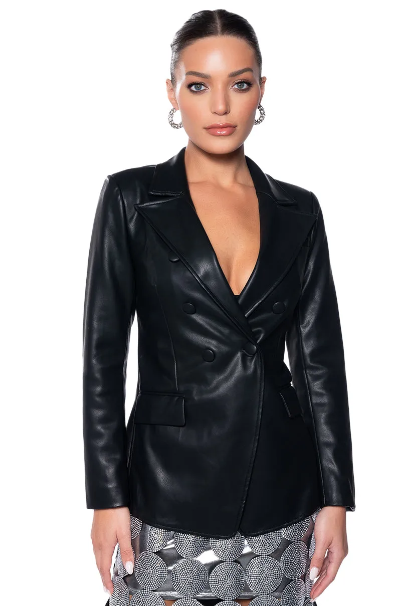 TE QUIERO FAUX LEATHER OPEN BACK BLAZER IN BLACK sold by AKIRA