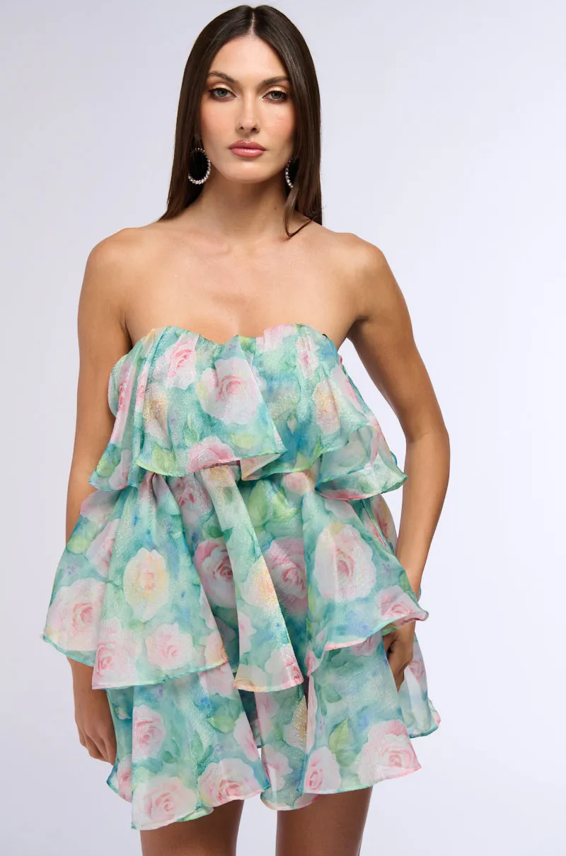 FLORAL DELIGHT PRINTED ORGANZA MINI DRESS sold by AKIRA