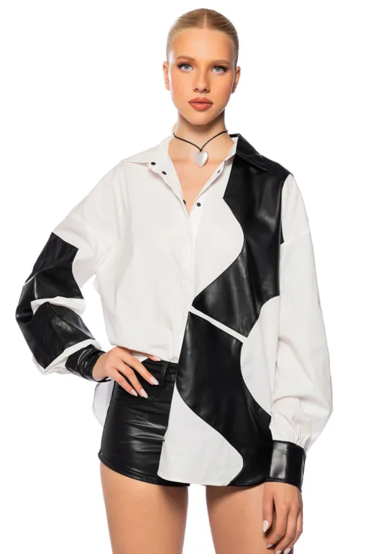 DON'T MIND ME BUTTON DOWN POPLIN BLOUSE sold by AKIRA