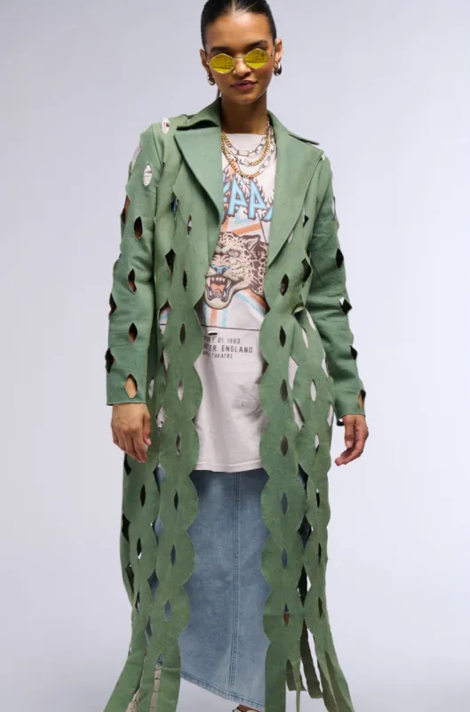 DENIM LASER CUT DUSTER IN GREEN sold by AKIRA