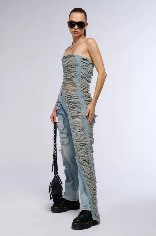 TAKE ME DOWN DISTRESSED DENIM TOP sold by AKIRA