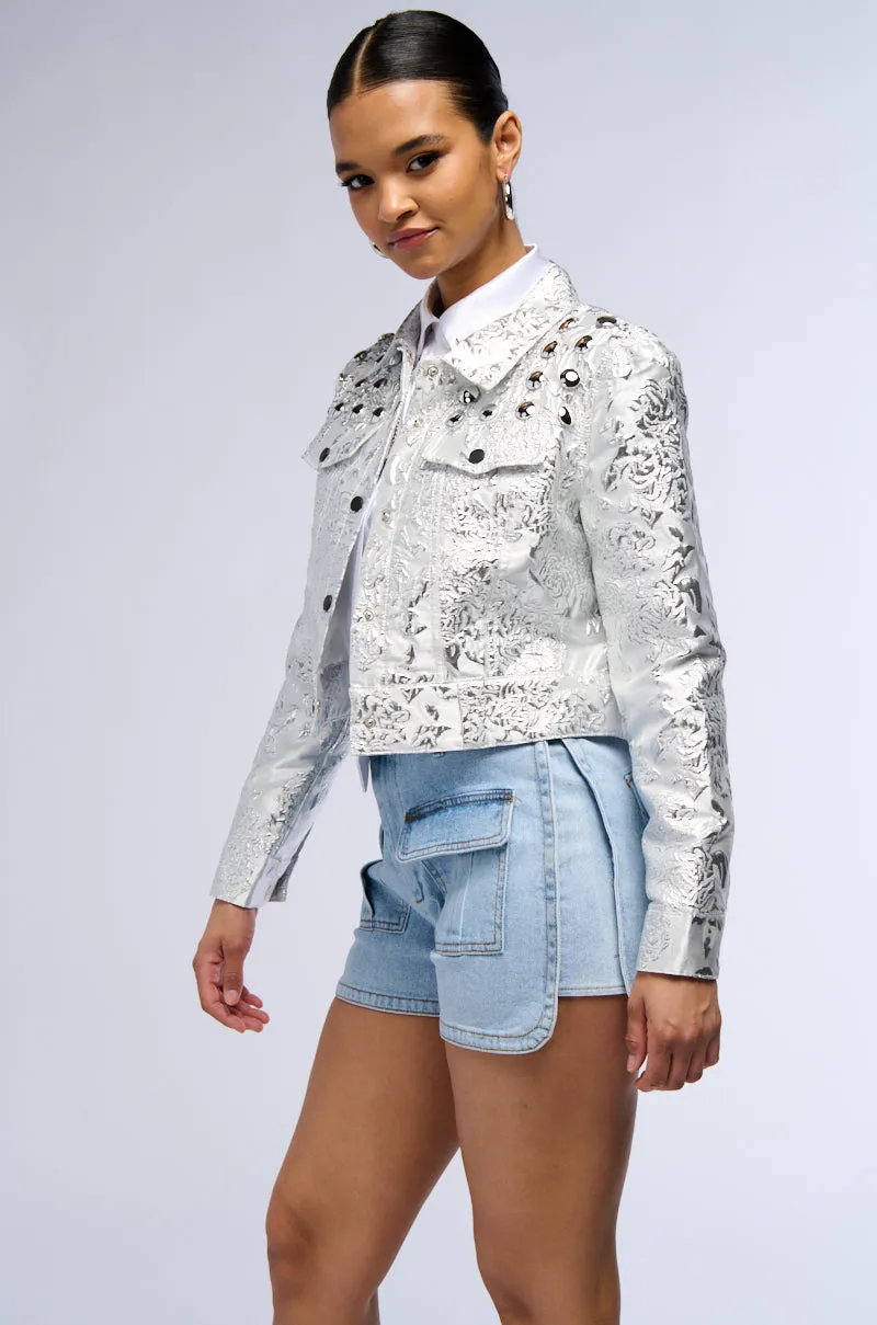 RUE BROCADE PRINTED SILVER BOMBER sold by AKIRA product image thumbnail 3