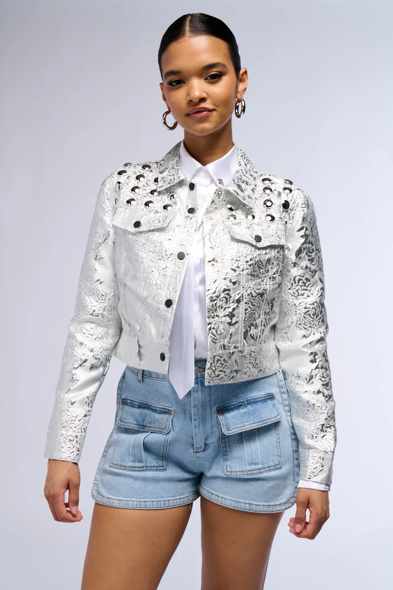 RUE BROCADE PRINTED SILVER BOMBER sold by AKIRA