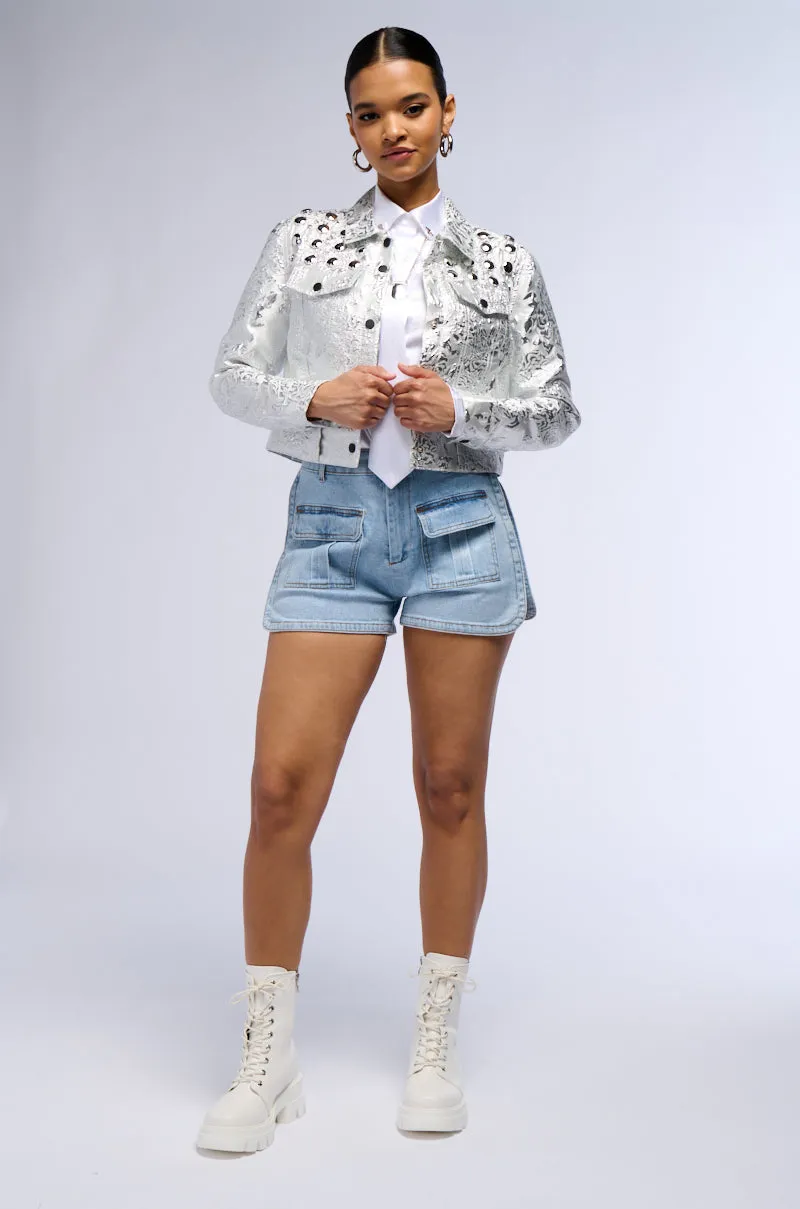 RUE BROCADE PRINTED SILVER BOMBER sold by AKIRA product image thumbnail 5