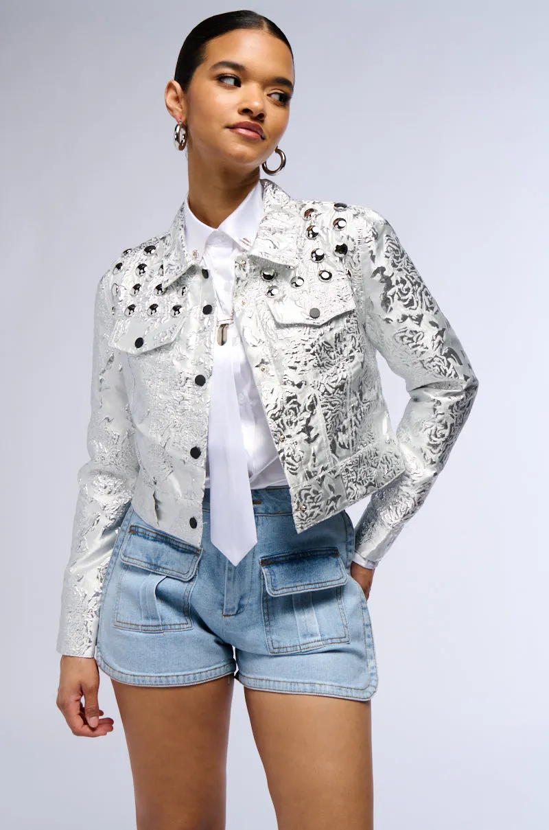RUE BROCADE PRINTED SILVER BOMBER sold by AKIRA product image thumbnail 2