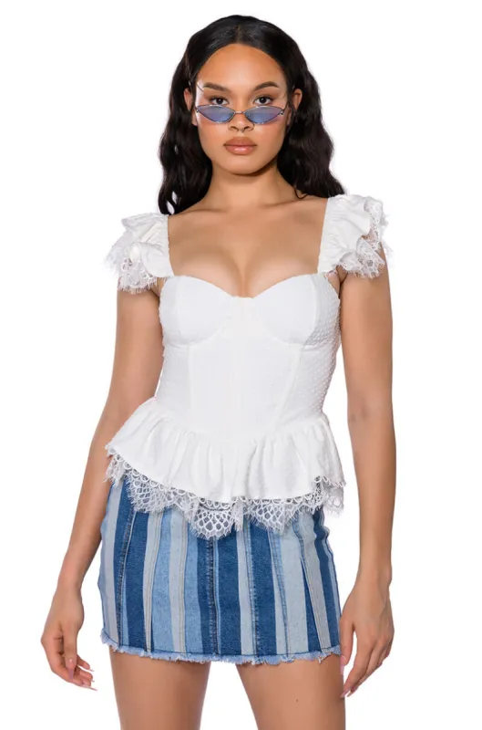 DAINTY RUFFLES PEPLUM CORSET TOP sold by AKIRA