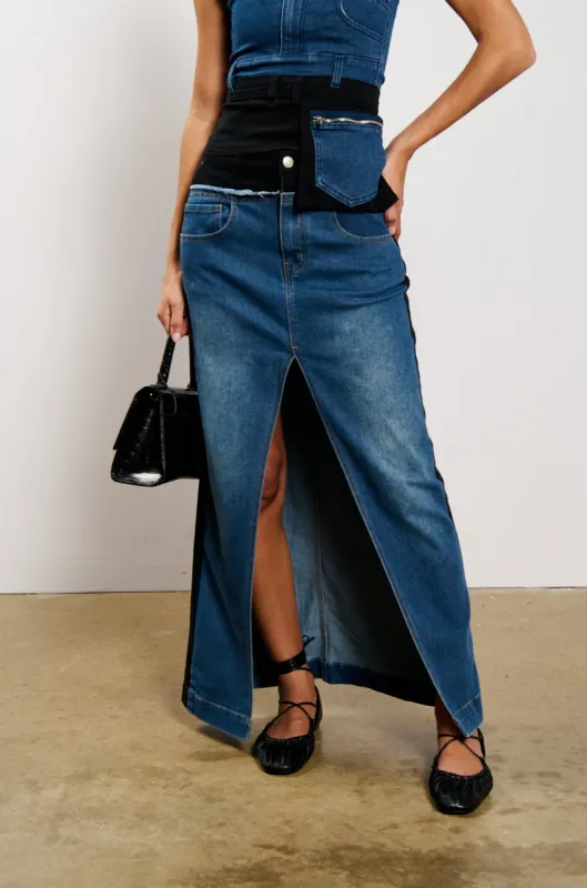 LET IT HAPPEN MAXI DENIM SKIRT sold by AKIRA