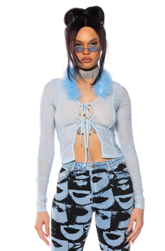 KEEP MY ATTENTION FEATHER DETAIL MESH TOP sold by AKIRA