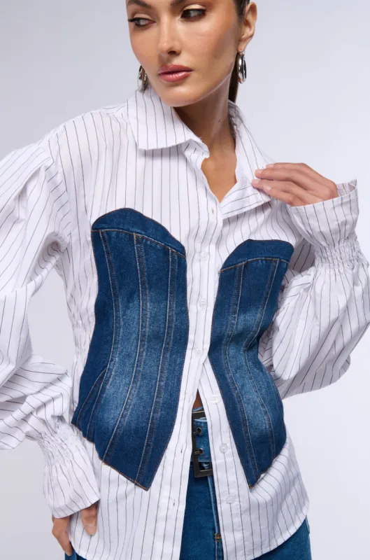 RAISA DENIM CORSET DETAIL BUTTON DOWN BLOUSE sold by AKIRA