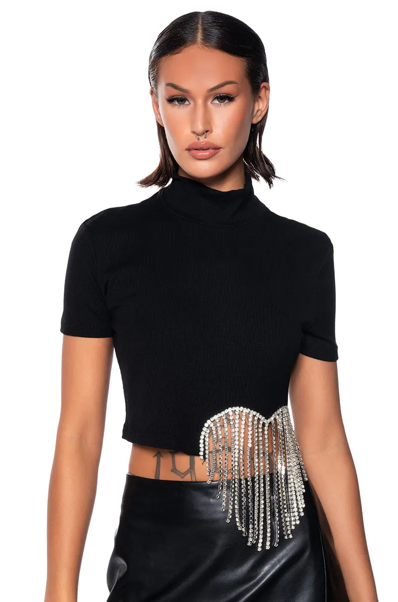 ILYSM RHINESTONE MOCK NECK SHORT SLEEVE TEE sold by AKIRA