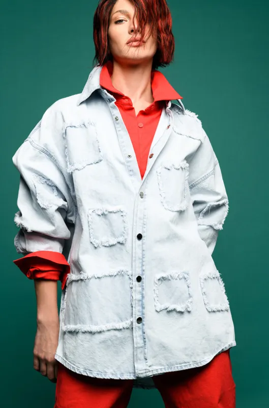 DENIM PATCH WORK JACKET sold by AKIRA