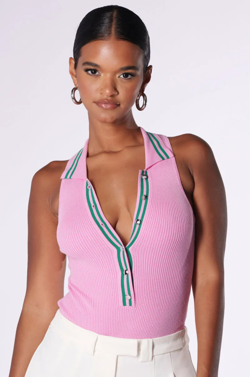 ALWAYS LUCKY RIBBED SLEEVELESS BODYSUIT IN PINK sold by AKIRA
