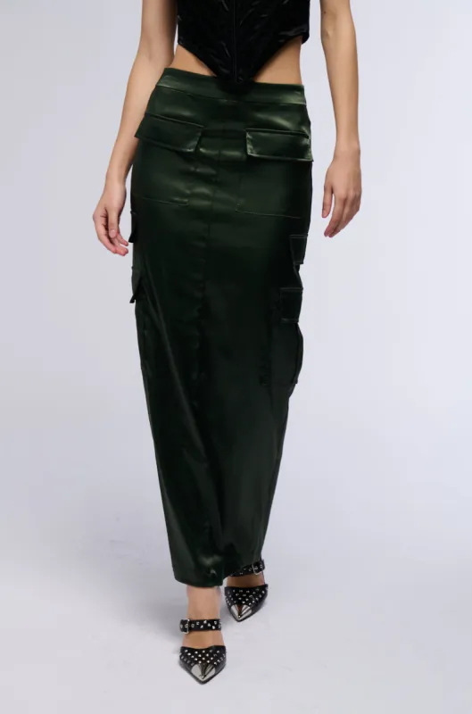 ALL IN SATIN CARGO POCKET MAXI SKIRT sold by AKIRA