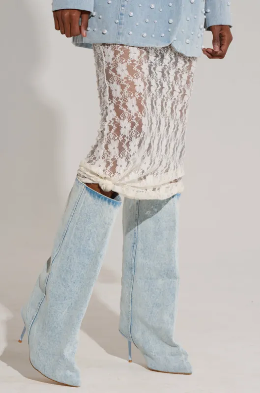 AZALEA WANG COUTURE CRAZY DENIM BOOT sold by AKIRA