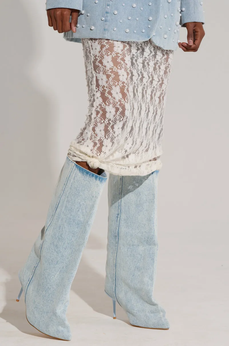 AZALEA WANG COUTURE CRAZY DENIM BOOT sold by AKIRA