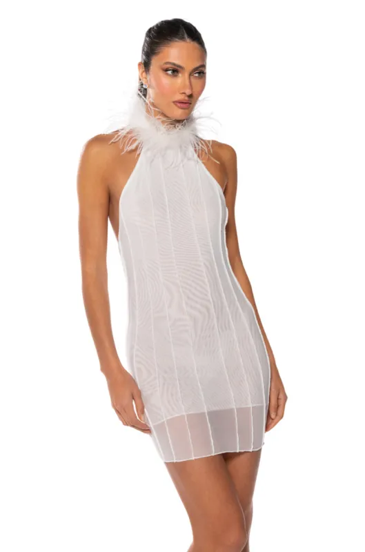 HERE TO PARTY FEATHER MINI DRESS sold by AKIRA