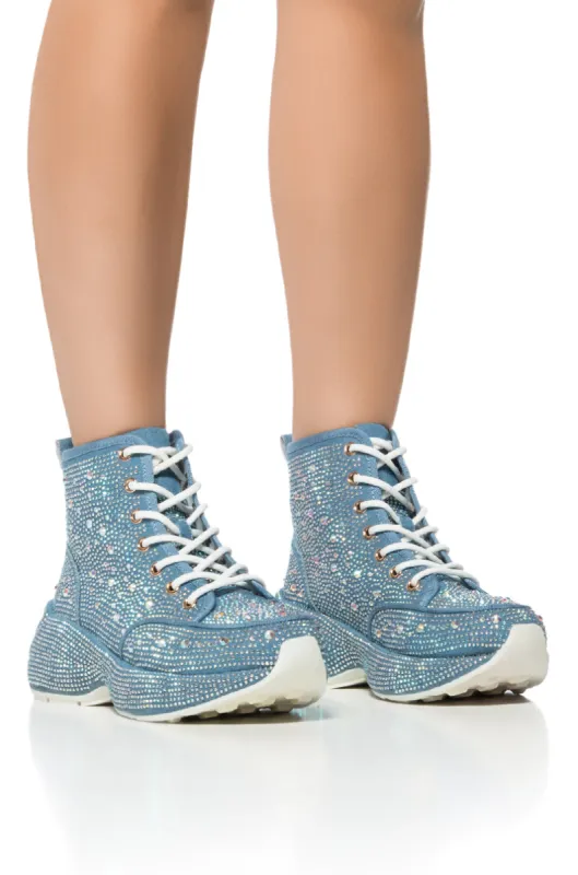QUEENDOM EMBELLISHED HIGH TOP SNEAKER IN DENIM made by AKIRA