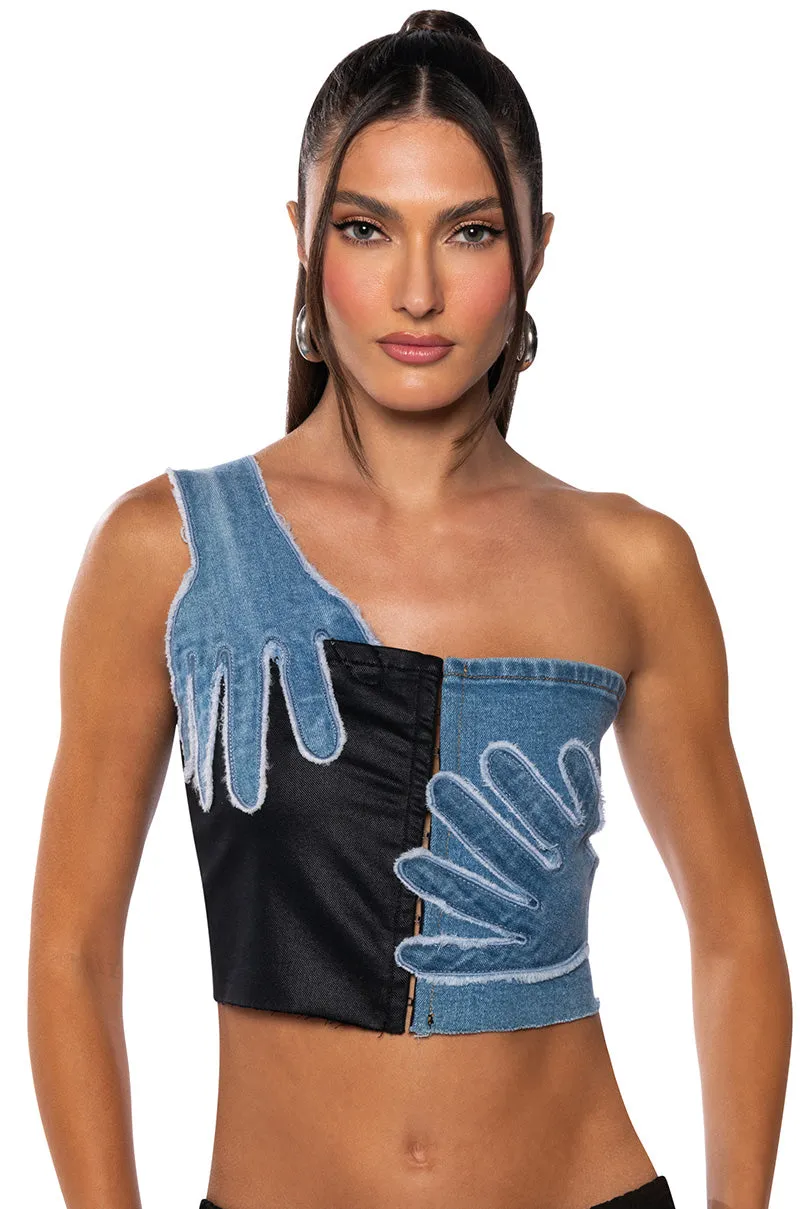 BREAKING CHAINS TWO TONED PU DENIM TOP sold by AKIRA