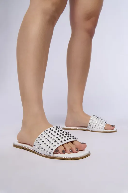 AZALEA WANG EMMONS WHITE SPIKY STUD FLAT SANDAL sold by AKIRA