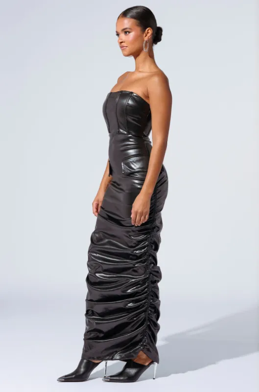 ASH STRAPLESS CARGO MAXI DRESS IN BLACK PU sold by AKIRA