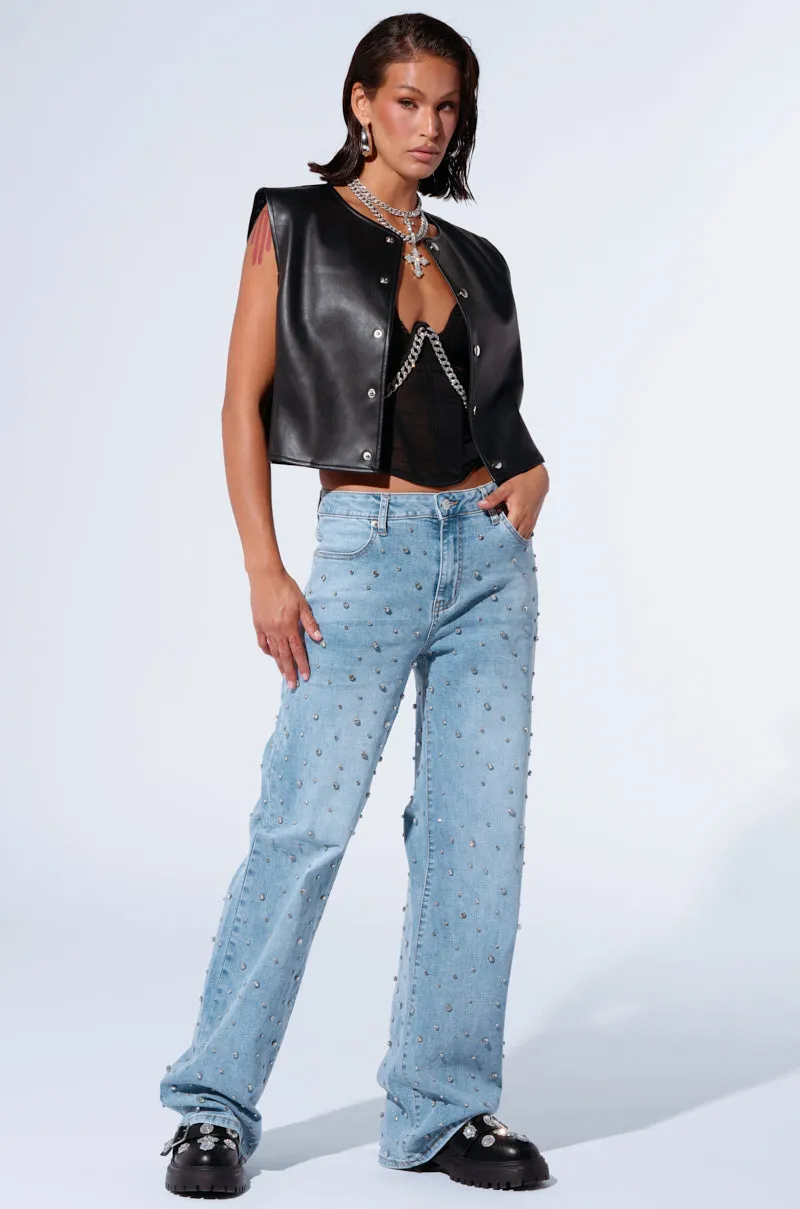 EVERYTIME RHINESTONE EMBELLISHED STRAIGHT LEG JEANS sold by AKIRA