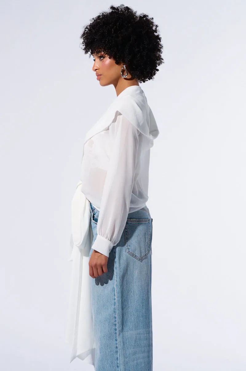 MARGO TIE FRONT BLOUSE WITH HOOD IN WHITE sold by AKIRA product image thumbnail 4