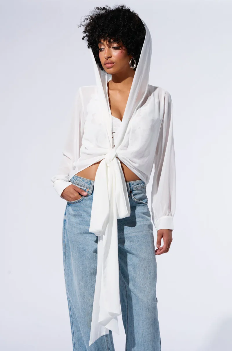 MARGO TIE FRONT BLOUSE WITH HOOD IN WHITE sold by AKIRA