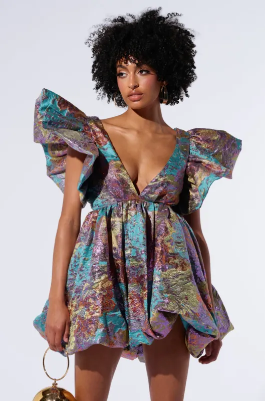 MAIN CHARACTER ENERGY BROCADE MINI DRESS sold by AKIRA