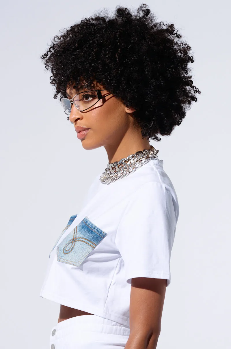 NEVER ALONE TEE WITH DENIM PATCH sold by AKIRA product image thumbnail 3