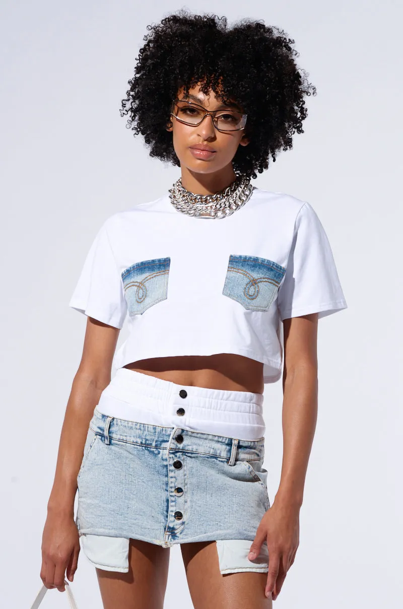 NEVER ALONE TEE WITH DENIM PATCH sold by AKIRA product image thumbnail 2