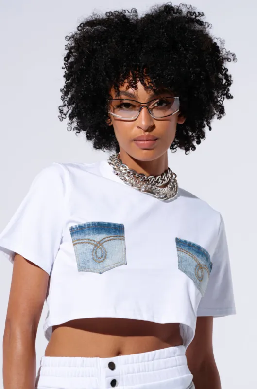 NEVER ALONE TEE WITH DENIM PATCH sold by AKIRA