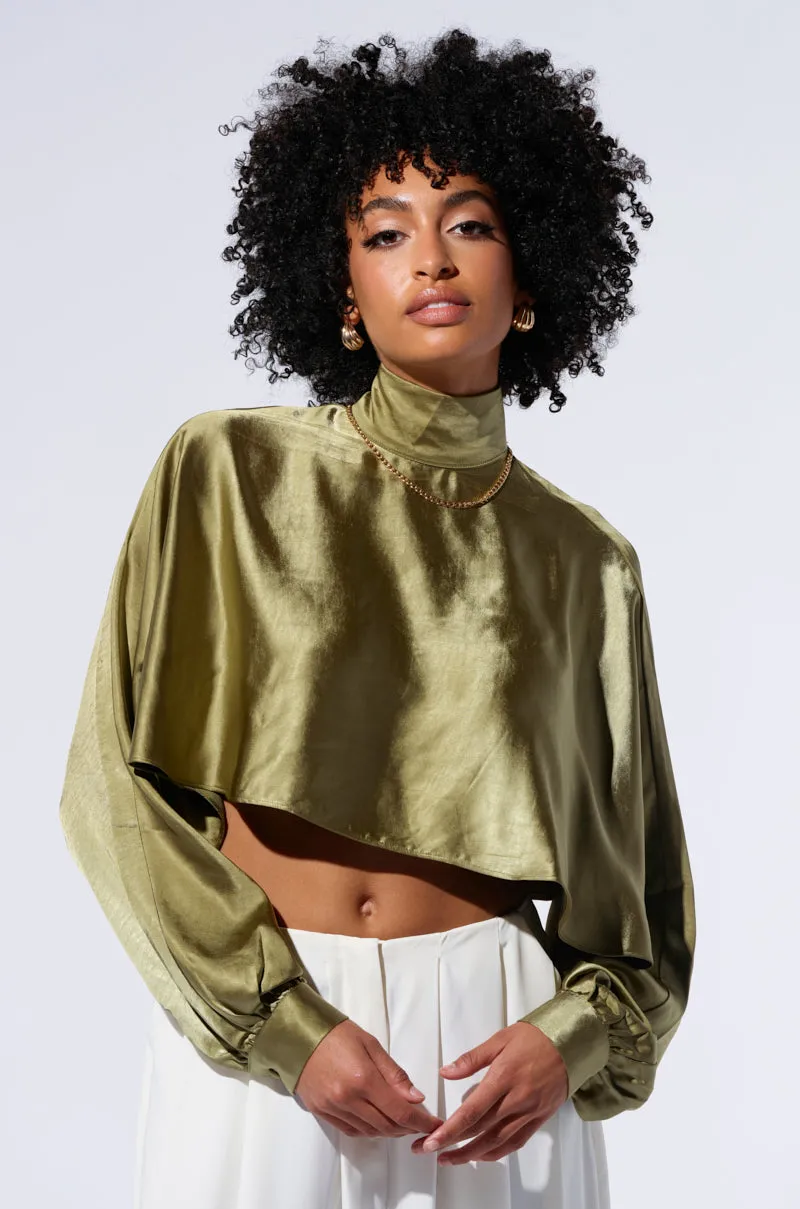 SATIN MOCK NECK BLOUSE IN OLIVE sold by AKIRA