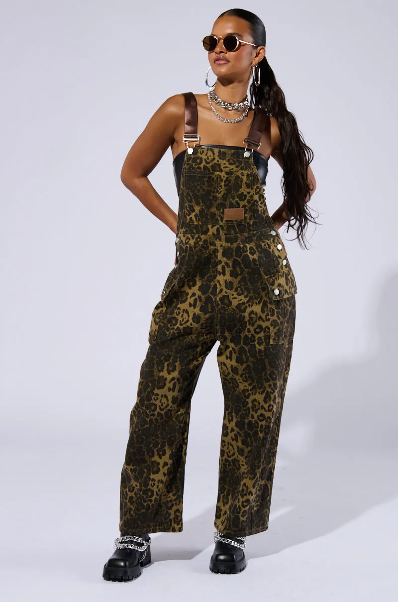 TALLY LEOPARD PRINT OVERALLS sold by AKIRA