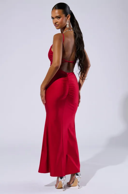 LADY IN RED COWL NECK MIDI DRESS sold by AKIRA