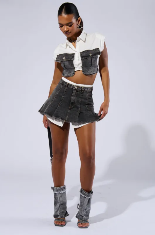 GET IT RIGHT DISTRESSED DENIM PLEATED MINI SKIRT sold by AKIRA