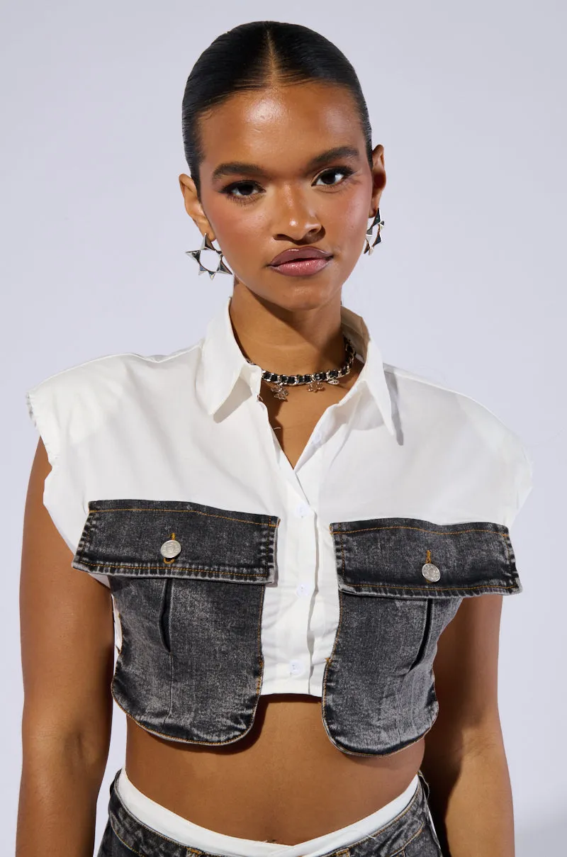 GET IT RIGHT CROPPED BUTTON DOWN SHIRT sold by AKIRA