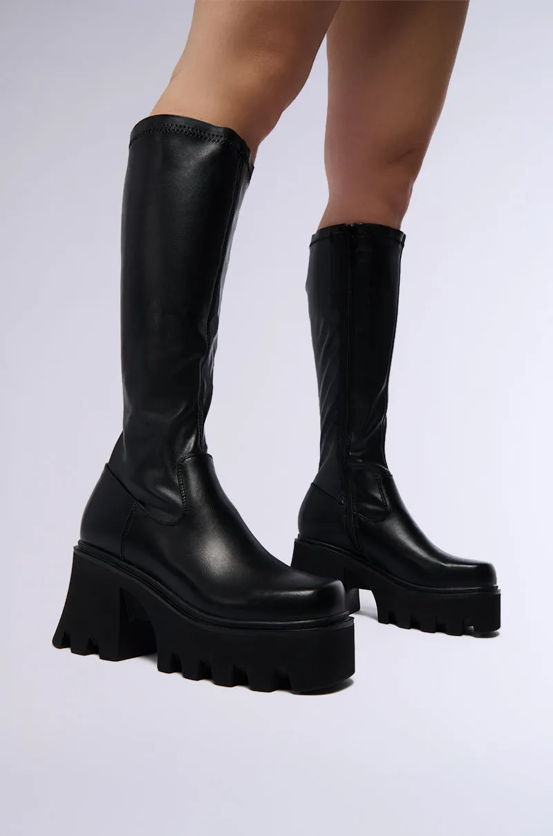 AZALEA WANG MARWA BLACK CHUNKY STRETCH BOOT sold by AKIRA
